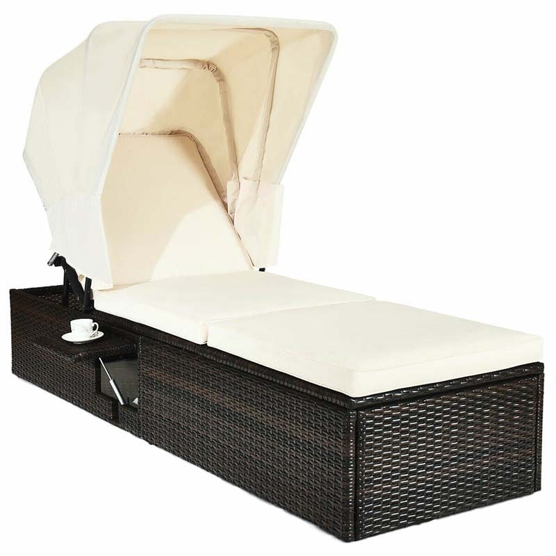 Cushioned Rattan Outdoor Chaise Lounge Chair Sun Lounger 5-Position with Folding Canopy & Flip-up Tea Table