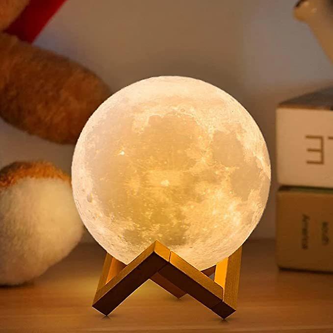 Night light 3D Moon Lamp Night 16 LED Colors with Wooden Stand and Remote Touch Control and USB Rechargeable 15CM Medium（White）