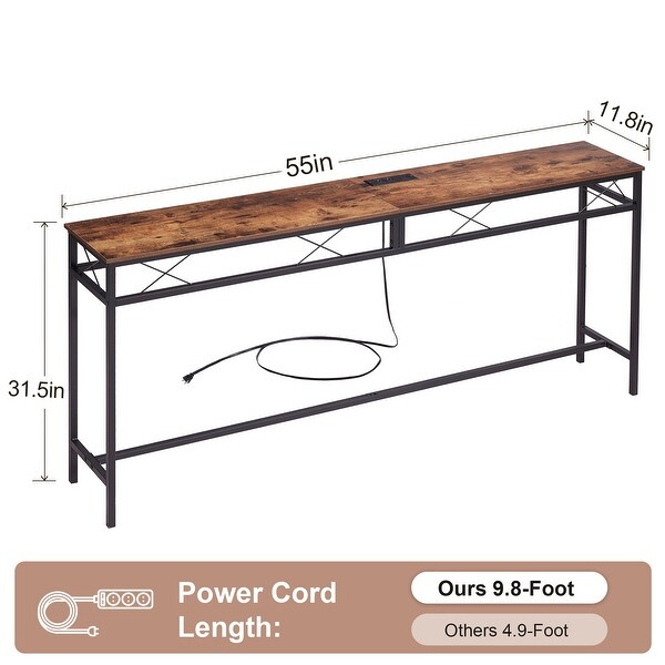 VECELO Industrial Rectangular Wood Console Table with AC Power and USB Charging Ports