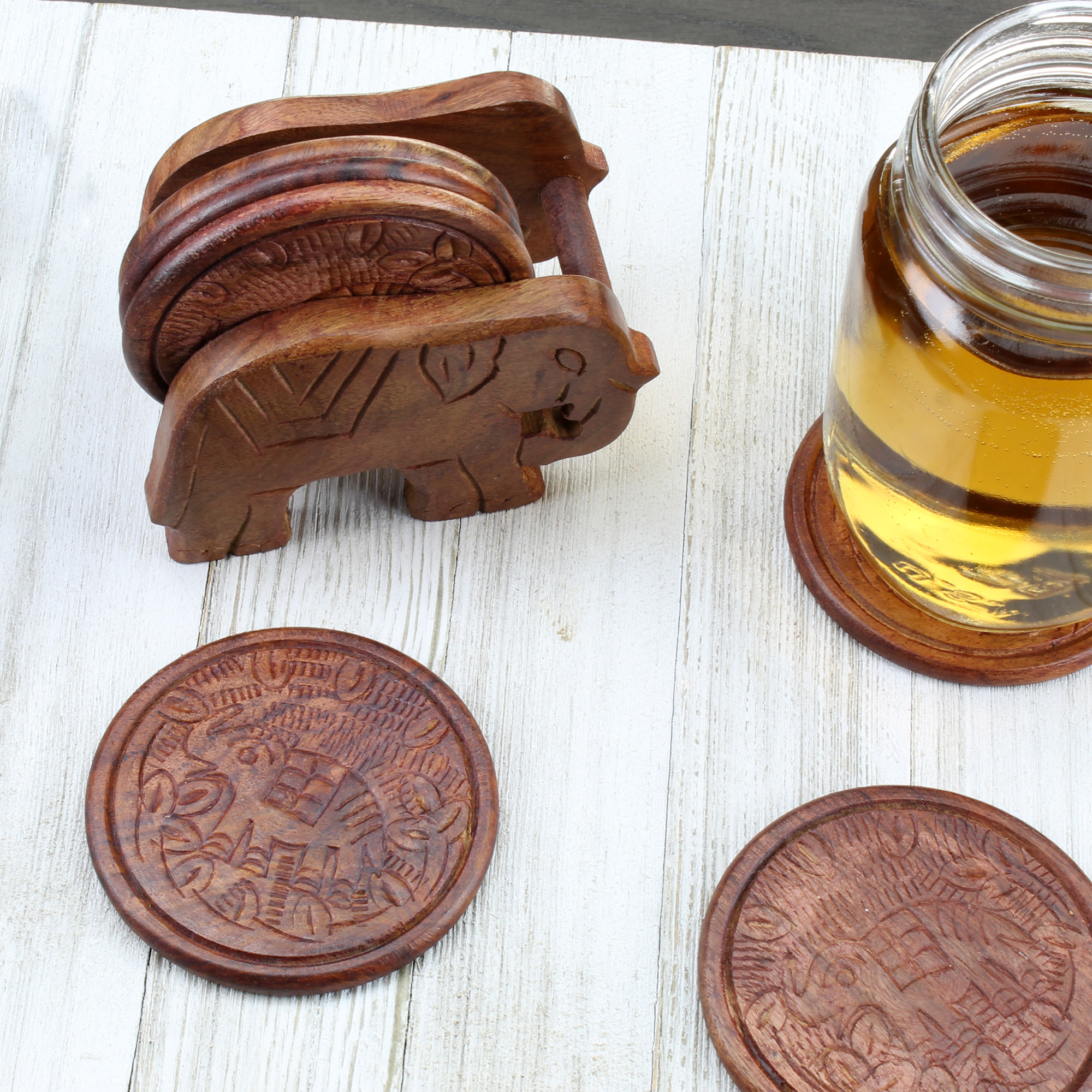 Elephant Design Wooden Coasters With Holder - set of 6， Handmade in India