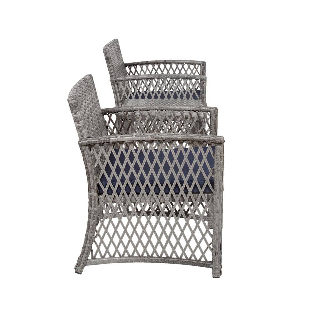 WESTIN OUTDOOR HIGHLAND 3-Piece Woven Gray Rattan Wicker Sofa Set with Navy Blue Cushions P140-04