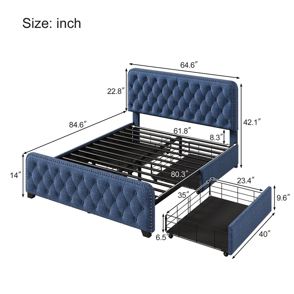 Upholstered Platform Bed Frame with Four Drawers Tufted Headboard and Footboard