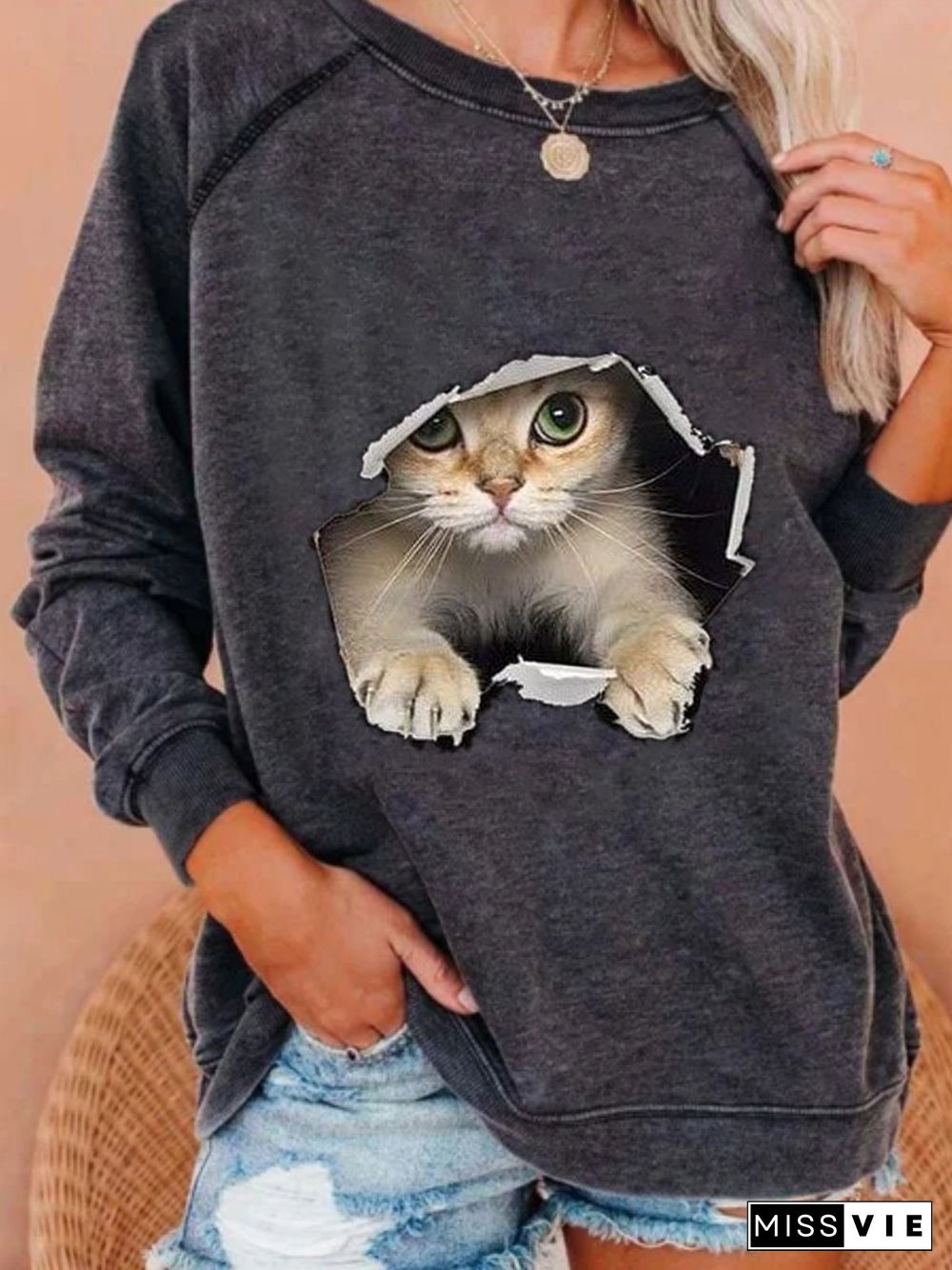 Casual Long Sleeve Round Neck Plus Size Printed Tops Sweatshirts