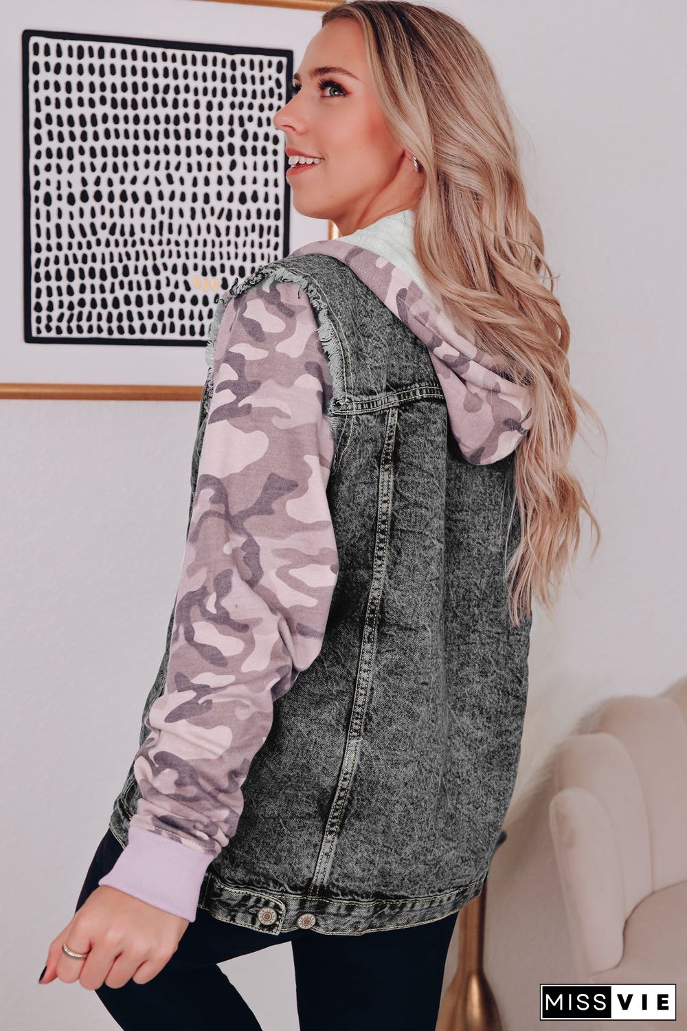 Black Camo Sleeve Hooded Buttoned Denim Jacket