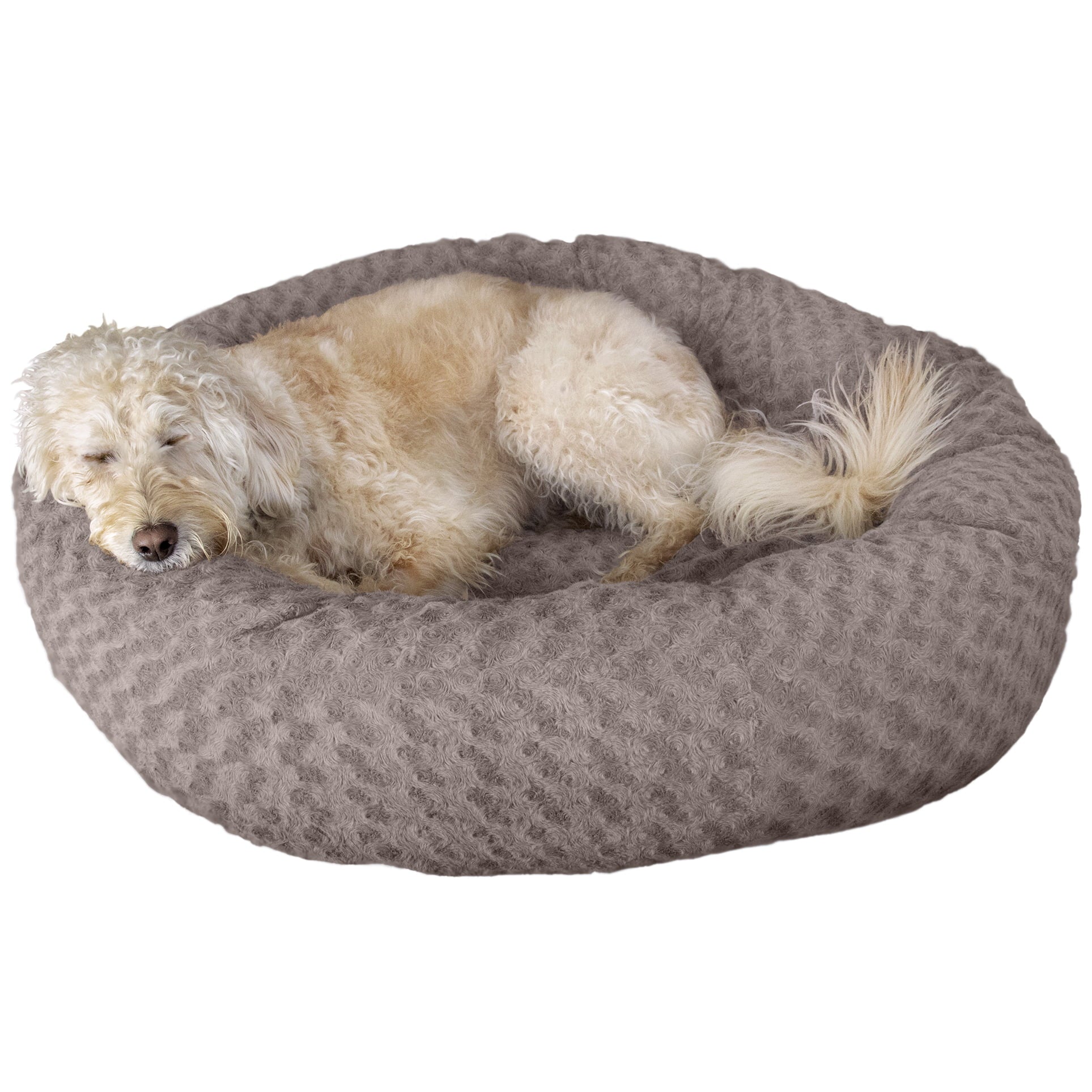 FurHaven | Plush Curly Fur Donut Pet Bed for Dogs & Cats, Cocoa Dust, Large