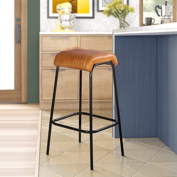 31 Inch Modern Bar Stool， Genuine Leather Seat， Iron Frame， Channel Stitched， Tan Brown， Black