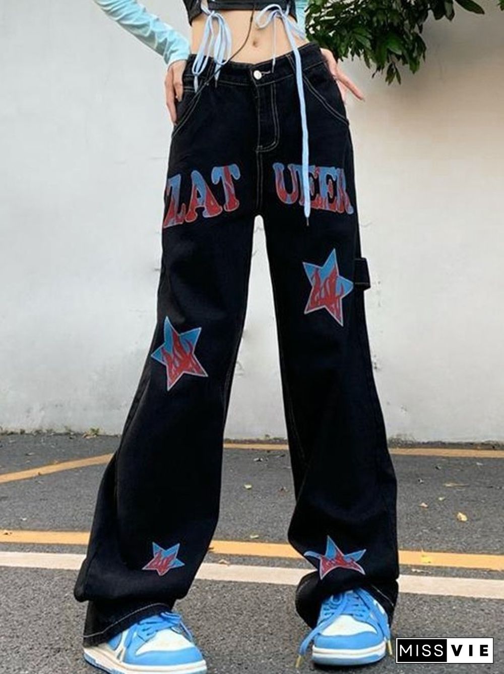 Hip Hop Loose American Star Print Distressed Cargo Jeans