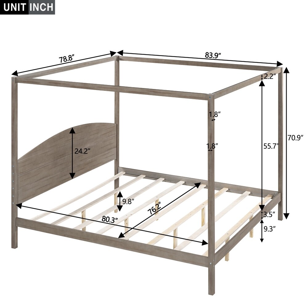 King Size Wood Canopy Bed w/ Headboard Upholstered Bed Frame  Brown