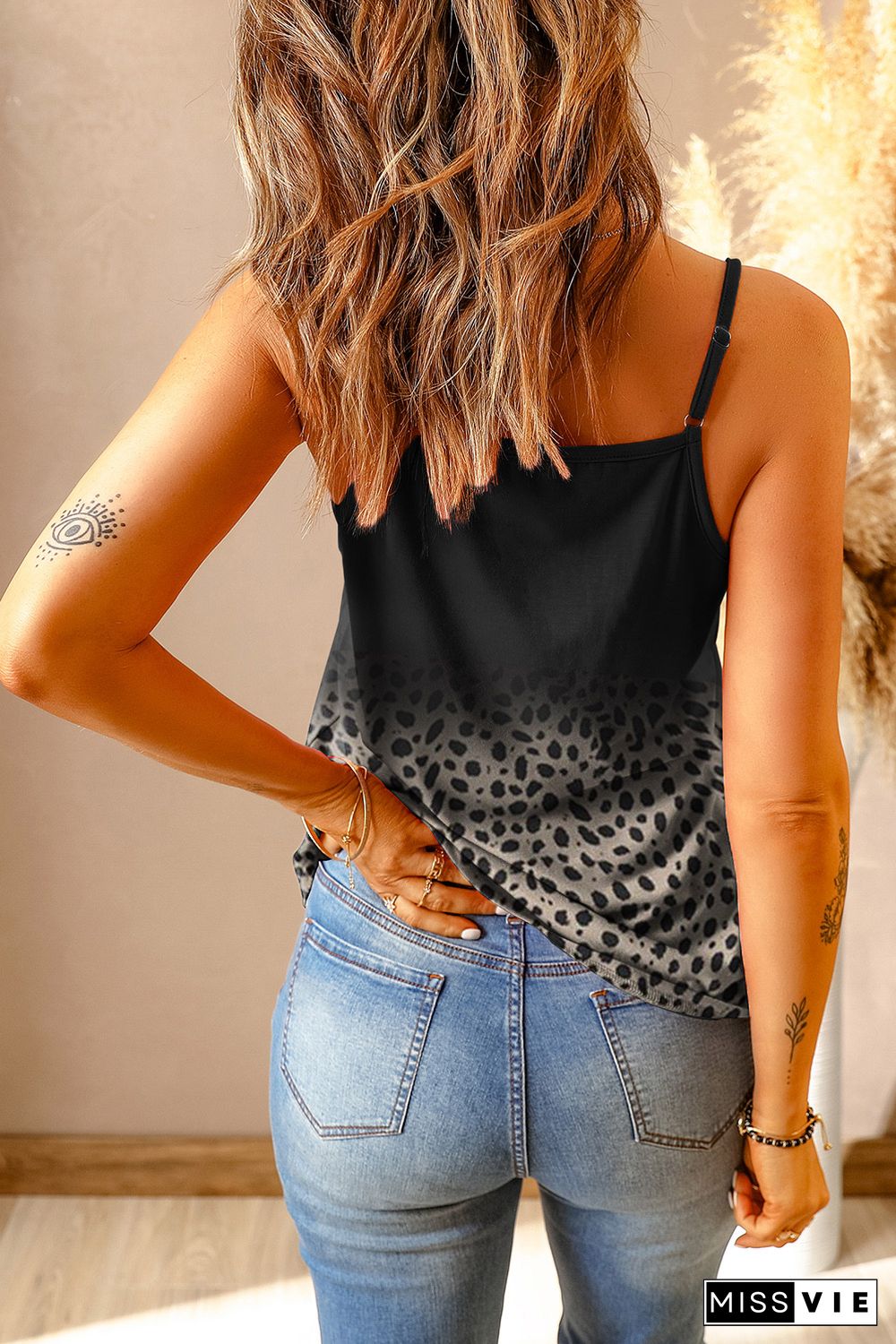 Black Gradient Leopard Lace V Neckline Tank Top