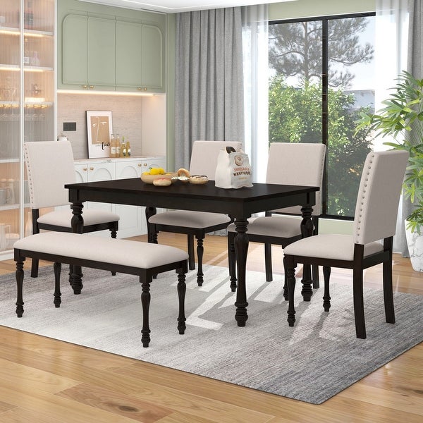 Designed 6-piece dining table set with wooden dining table， 4 upholstered chairs， nail head trim and kitchen dining bench