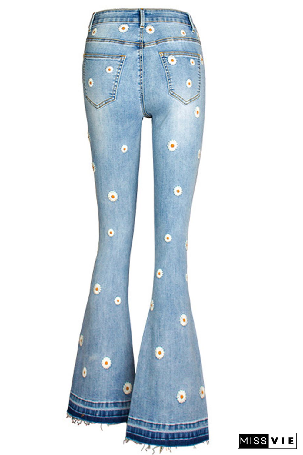 Daisy Embroidered Bleach Bell Bottom Flared Jeans Wholesale Boutique