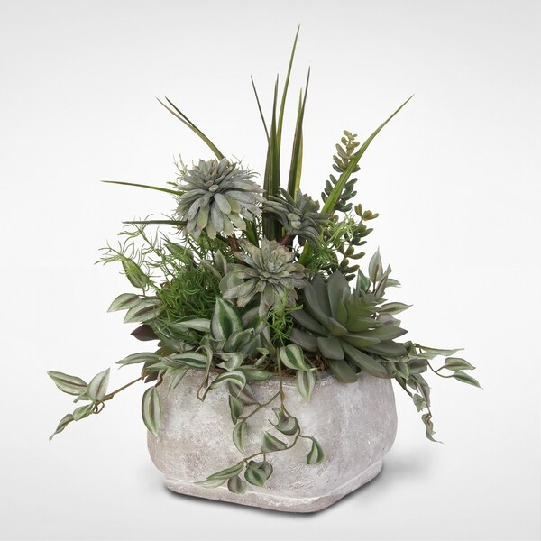 Assorted Artificial Succulents and Greenery in a Stone Pot