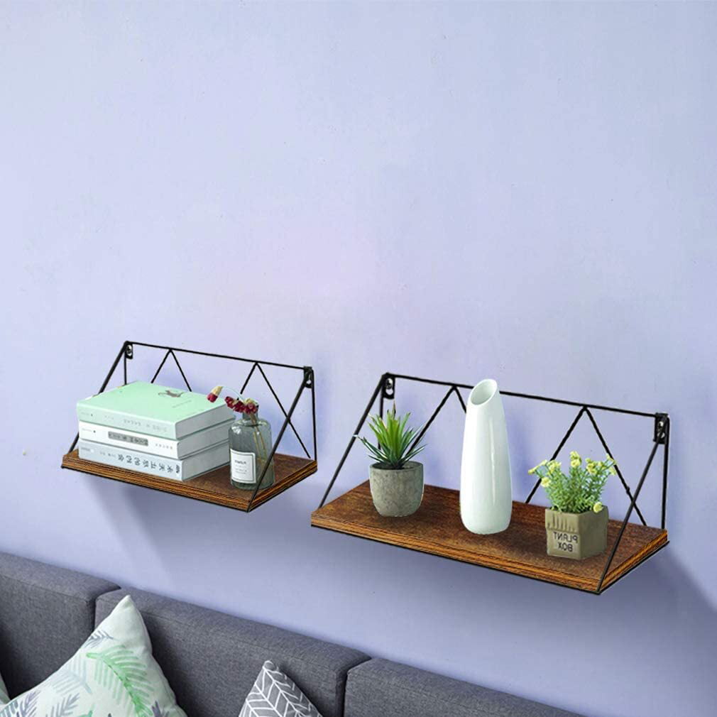 Floating Wall Shelves Set of 2, Brown Storage Shelf with Black Metal Brackets for Bedroom, Bathroom, Living Room, Kitchen and Office