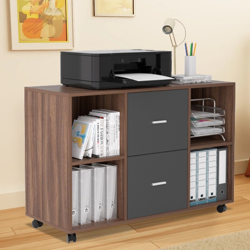 2 drawers filing cabinet Gray office furniture Solid Wood desk shelves