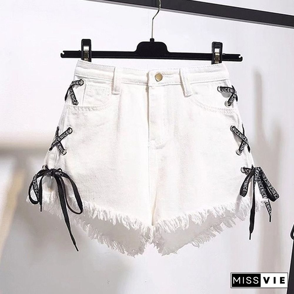 Summer New Fashion Two Colors Women Denim Shorts Pocket Burr High Waisted Jean Shorts Casual Lace-Up Hot Pants For Femme