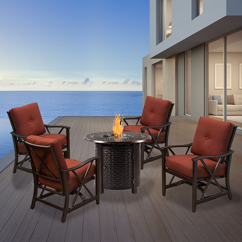 Oakland Living Round Copper Finish Fire Pit and Deep Seating Rocking Patio Chairs 5-piece Set