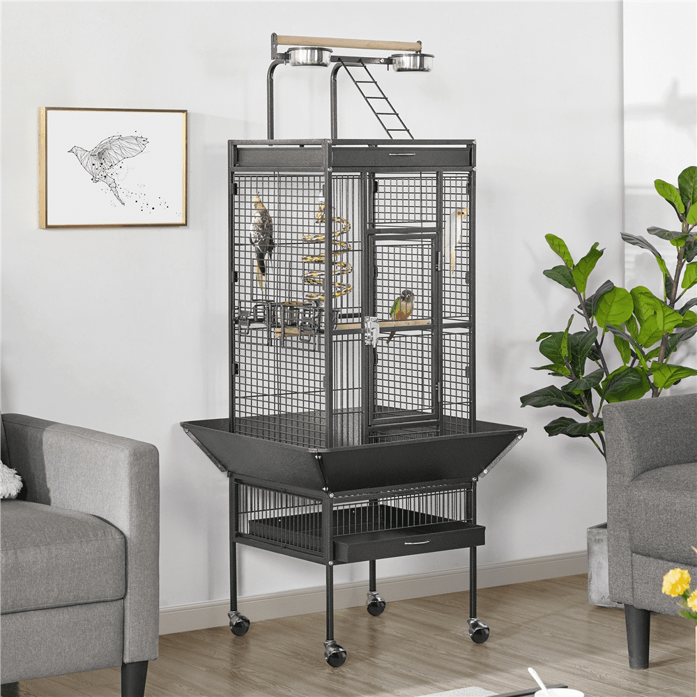 61.5inch Rolling Metal Bird Cage for Cockatiel Lovebird， Black