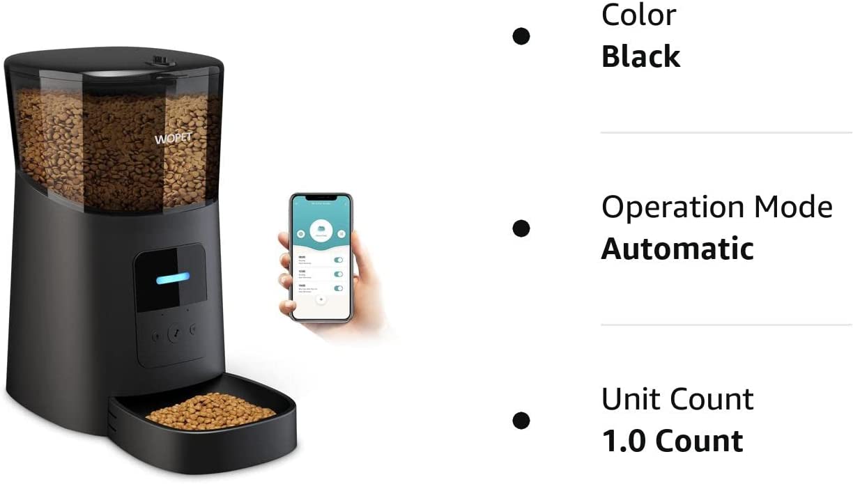 6L Automatic Cat Feeder，Wi-Fi Enabled Smart Pet Feeder for Cats and Dogs，Auto Dog Food Dispenser with Portion Control， Distribution Alarms and Voice Recorder Up to 15 Meals per Day (Black)