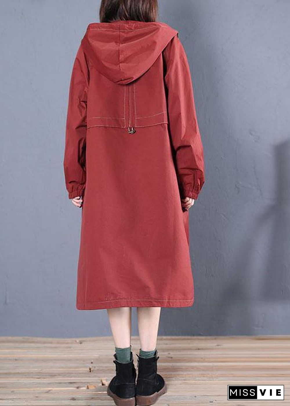 Elegant Loose fitting long jackets fall jacket red side open hooded Coat Women