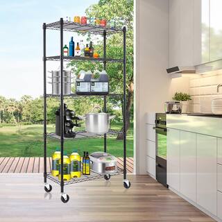 EFINE Black 5-Tier Rolling Heavy Duty Metal Wire Storage Shelving Unit Casters 1 in. Pole (30 in. W x 63.7 in. H x 14 in. D) RL33655