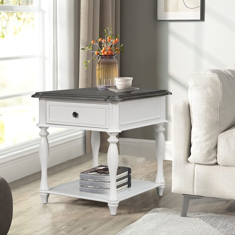 Classical End Table Side Table with Open Styled Shelf ，Side Table Drawer with Metal Handles for Living Room