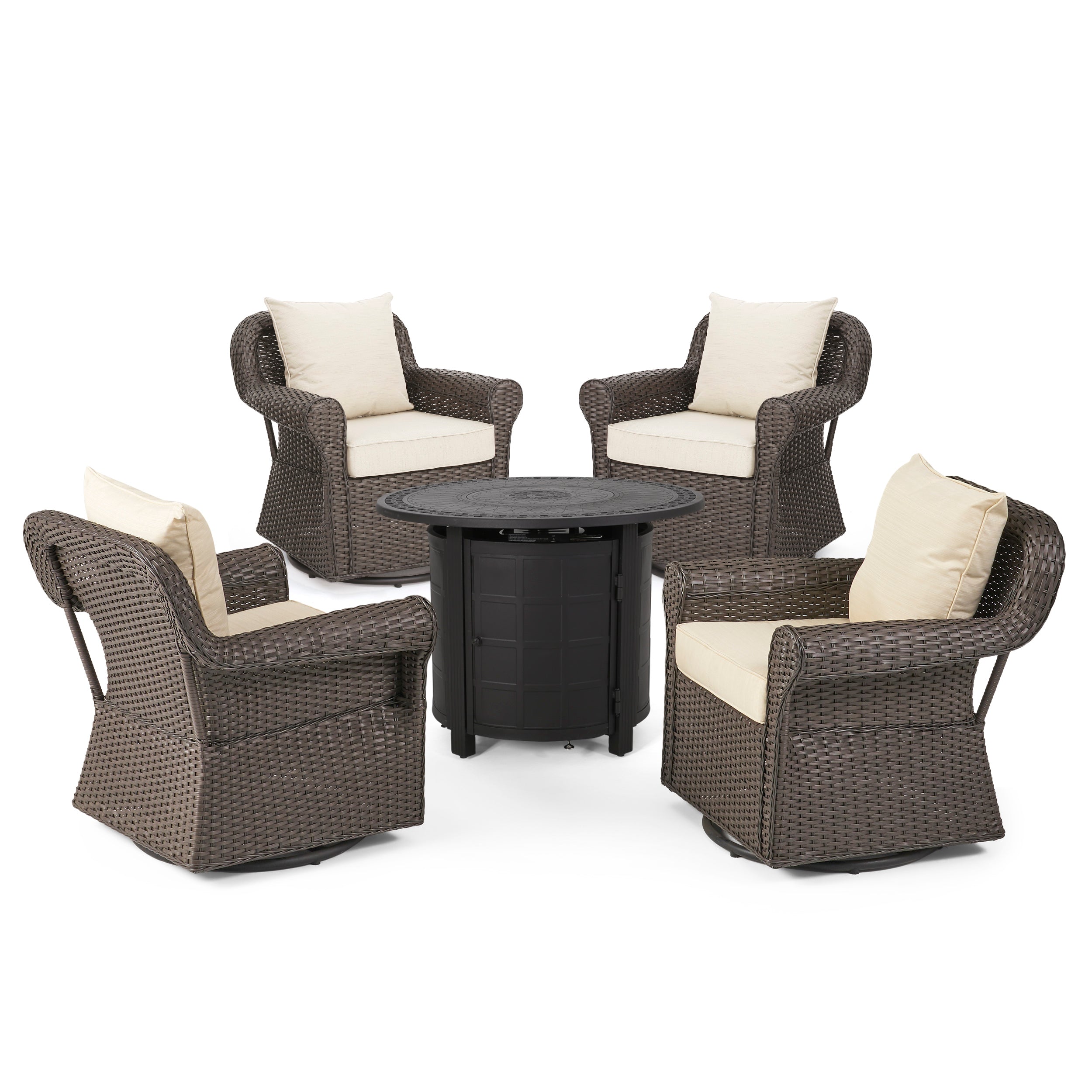 Admiral Outdoor 4 Seater Wicker Swivel Chair and Fire Pit Set