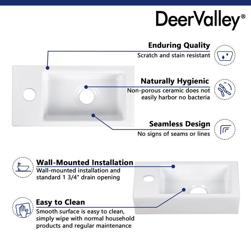 DeerValley DV-1V081L Wall Mount Sink， Rectangle Mini Vessel Sink，Small Bathroom Cloakroom White Porcelain Ceramic Wash Basin Left Hand