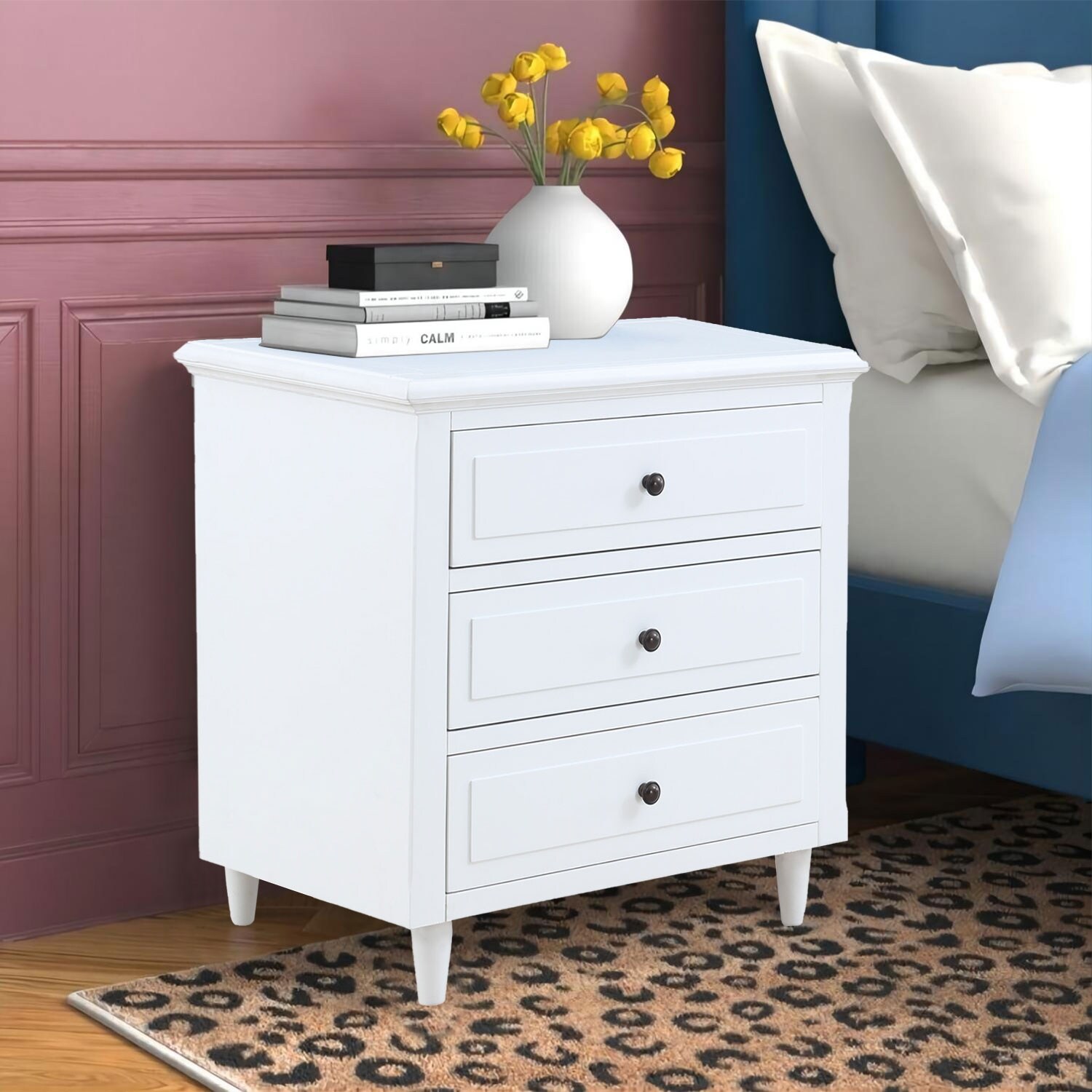 Modern Vintage 3 Drawer Wood Nightstand， White Wood Bedside Table， Side End Table for Bedroom， Living Room， Office - - 35651525