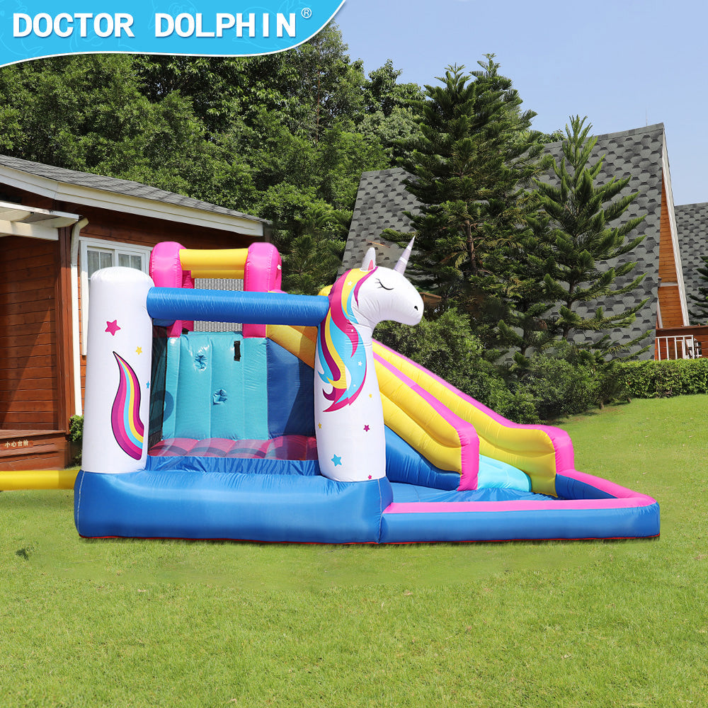 TBWYF Kids Inflatable Bounce House Jumping Castle with Slide, Climbing Wall, Trampoline, & Water Pool Area Unicorn with 450W Blower