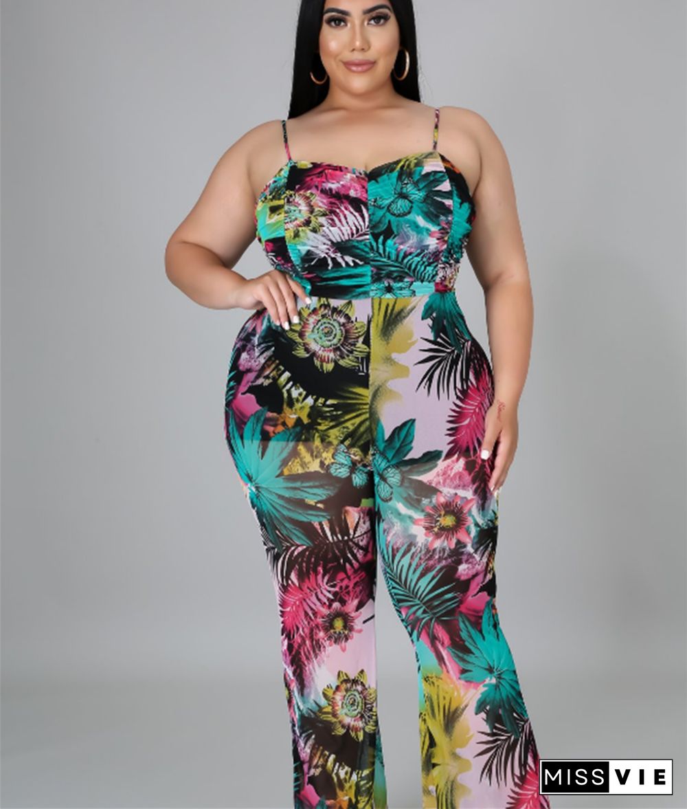 Plus Size Floral Print Sleeveless Wide Leg Jumpsuit