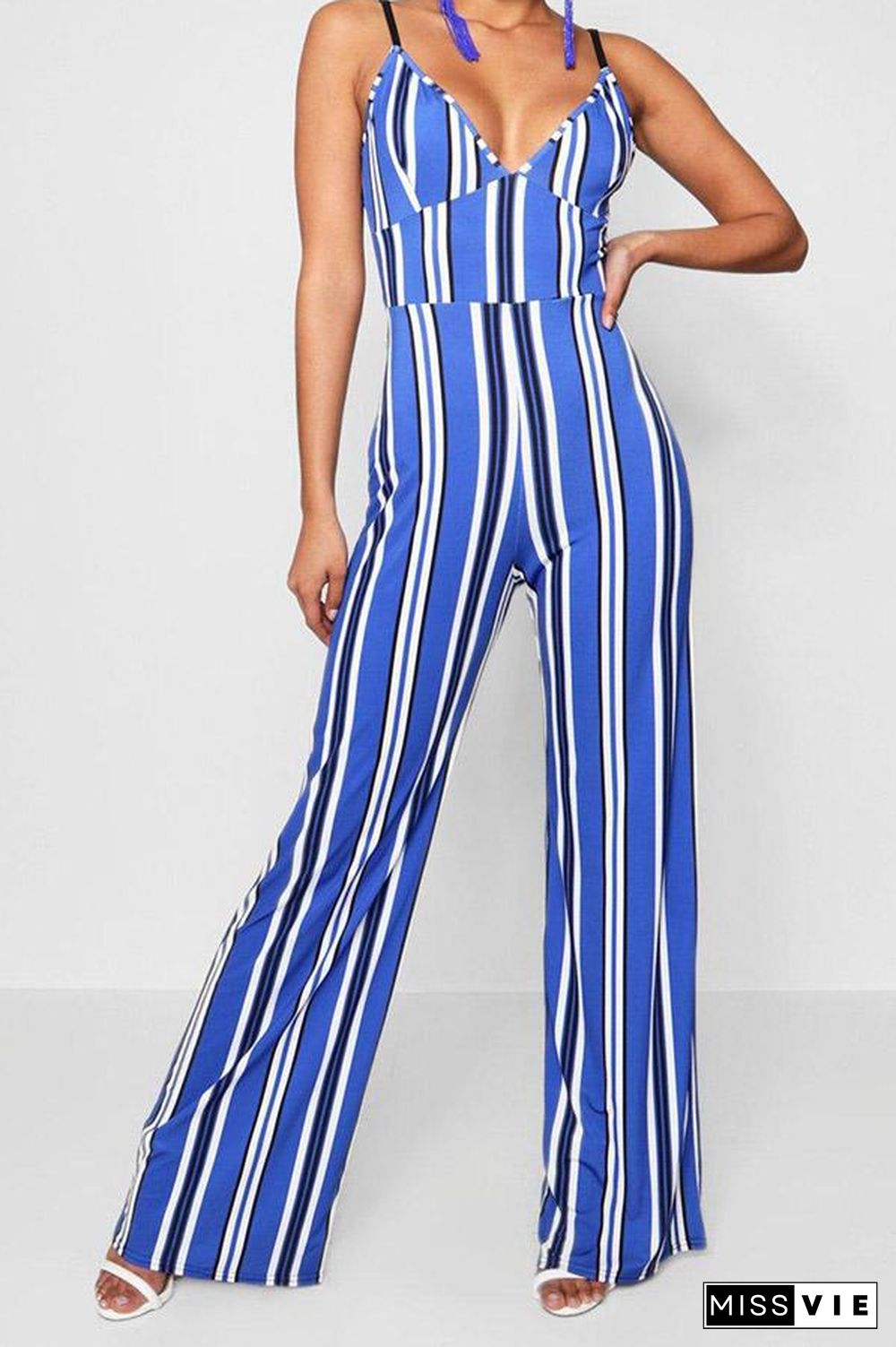 Mixed Color Stripe Printed Open Back Jumpsuit