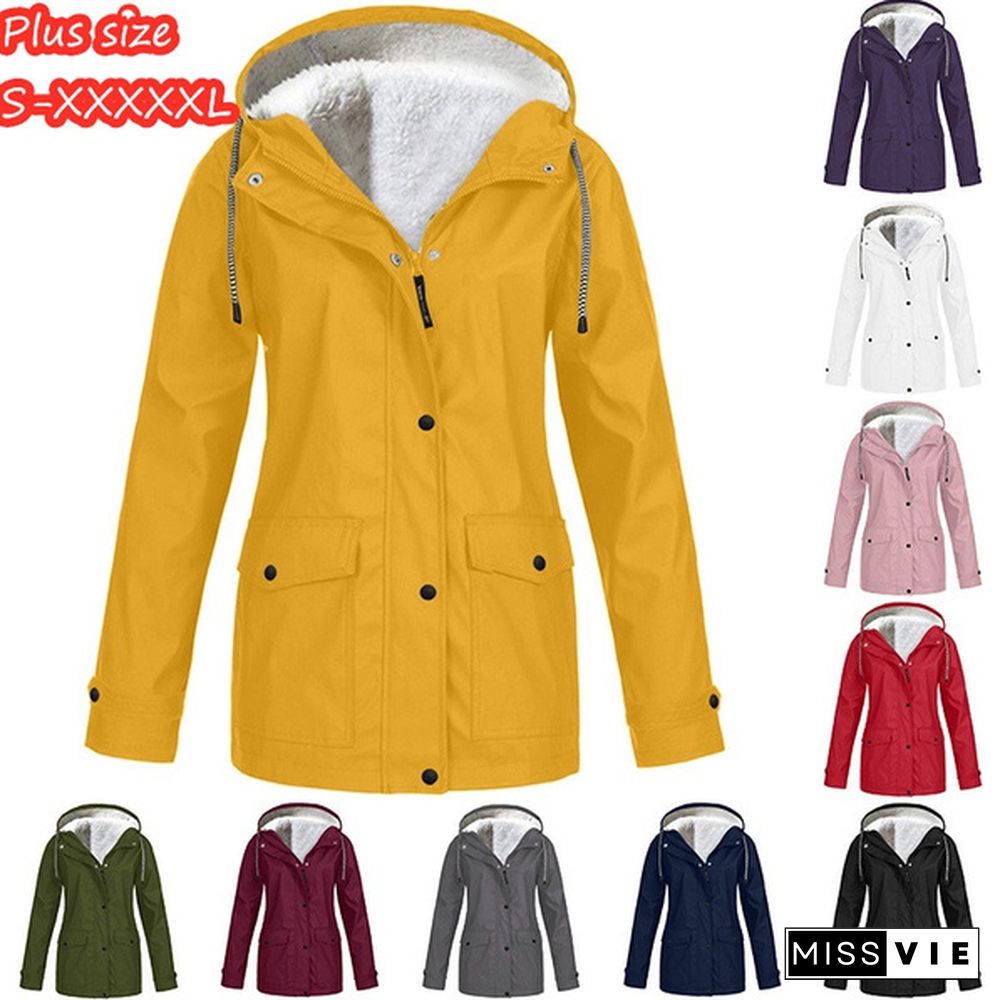 Women Fashion All Seasons Outdoor Waterproof Rain Jacket Casual Loose Plus Size Hooded Windproof Coat Climbing Windbreaker Jacket S-5XL