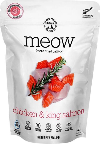 The New Zealand Natural Pet Food Co. Meow Chicken​ and King Salmon Grain-Free Freeze-Dried Cat Food， 9-oz bag