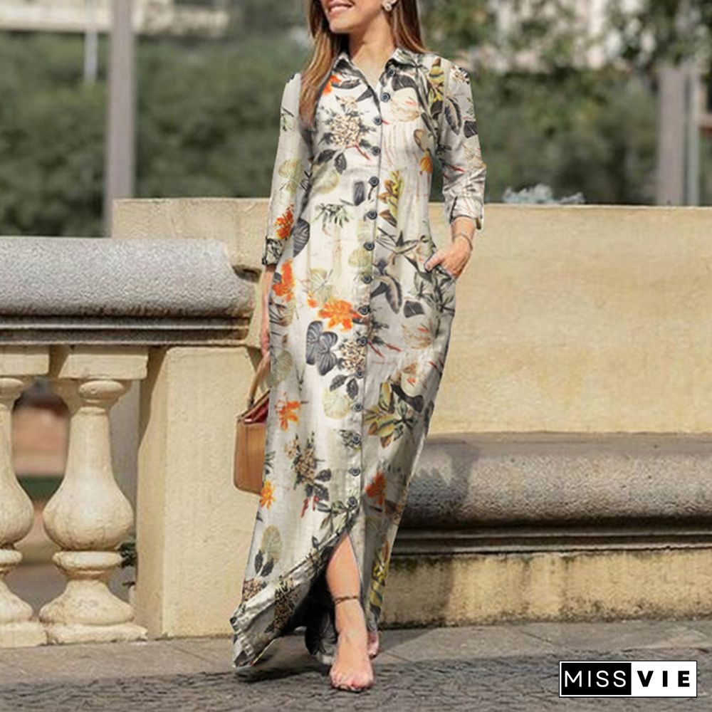 Women Holiday Casual Lapel Collar Long Sleeve Robes Longue Floral Print Cotton Dresses Button Up Shirts Long Maxi Vestido Plus Size