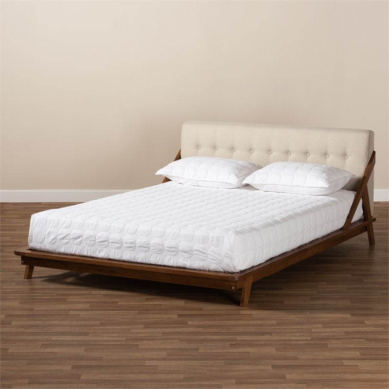 Bowery Hill Mid-Century Upholstered Wood Full Platform Bed - Light Beige