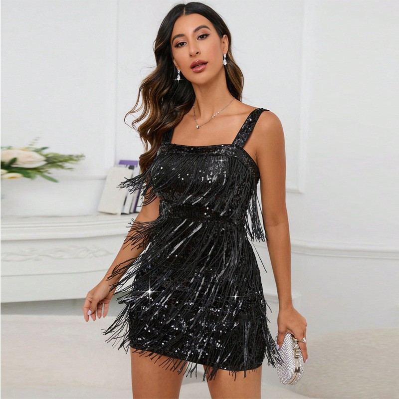 Solid color tassel sequins suspenders cocktail dress skirt party dress short skirt mold mold jumpsuit