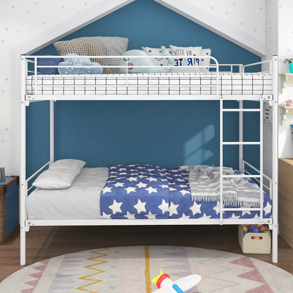 Twin Over Twin Bunk Bed with Metal Frame and Ladde...