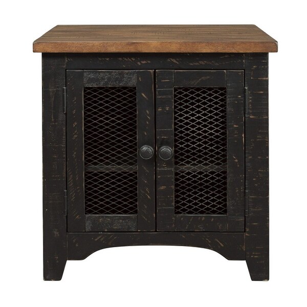 Two Tone Wooden End Table with Metal Grill Cabinet， Brown and Black - 25 H x 24 W x 26 L Inches