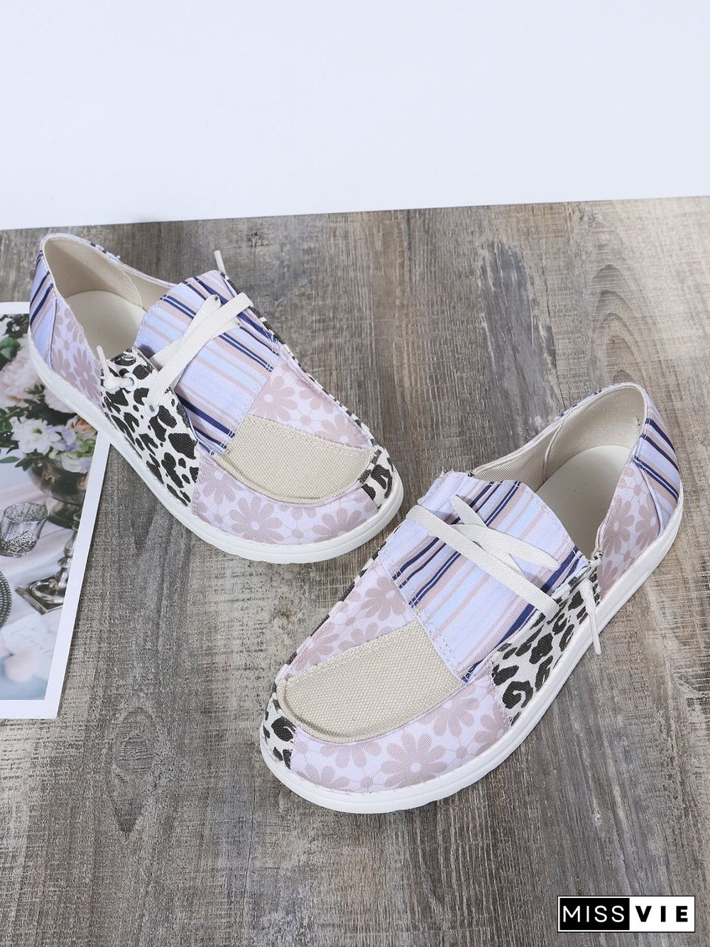 Striped Leopard Print Floral Panel Canvas Flats