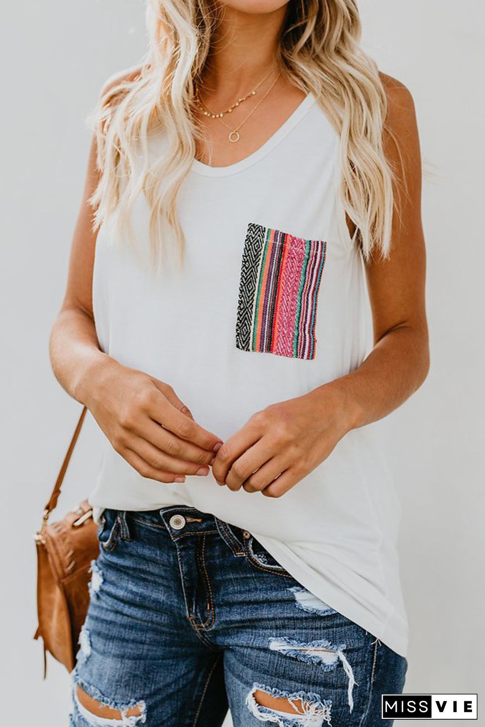 Casual Women Tank Top With Multicolor Pocket