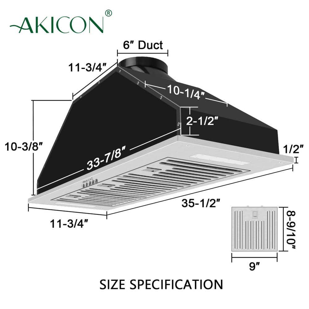 Akicon 36 in 3Speeds 600CFM Ducted InsertBuiltin Range Hood Ultra Quiet in Stainless Steel with Warm White Light