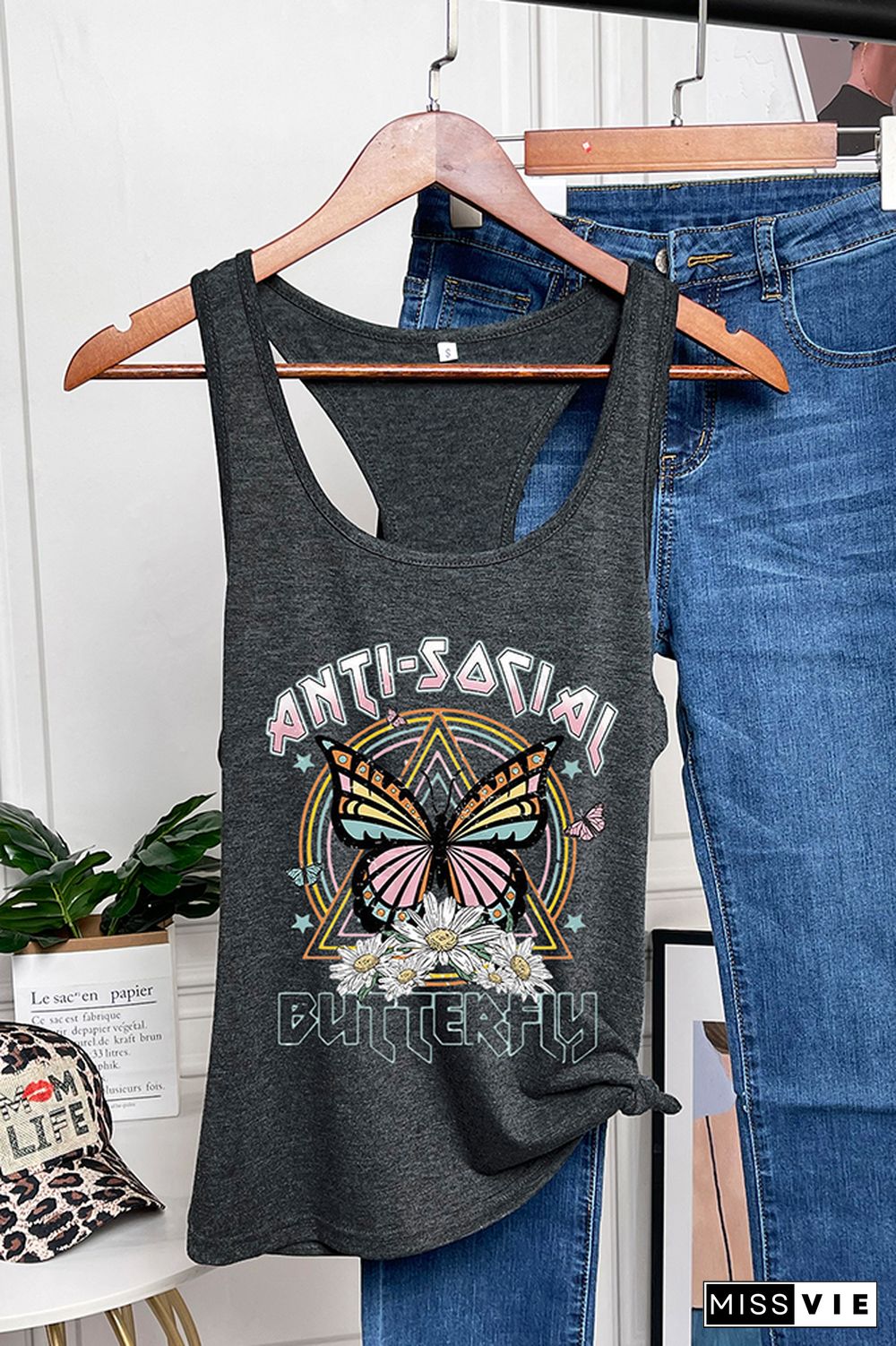 Retro Anti Social Butterfly Printed Sleeveless Tank Top Wholesale