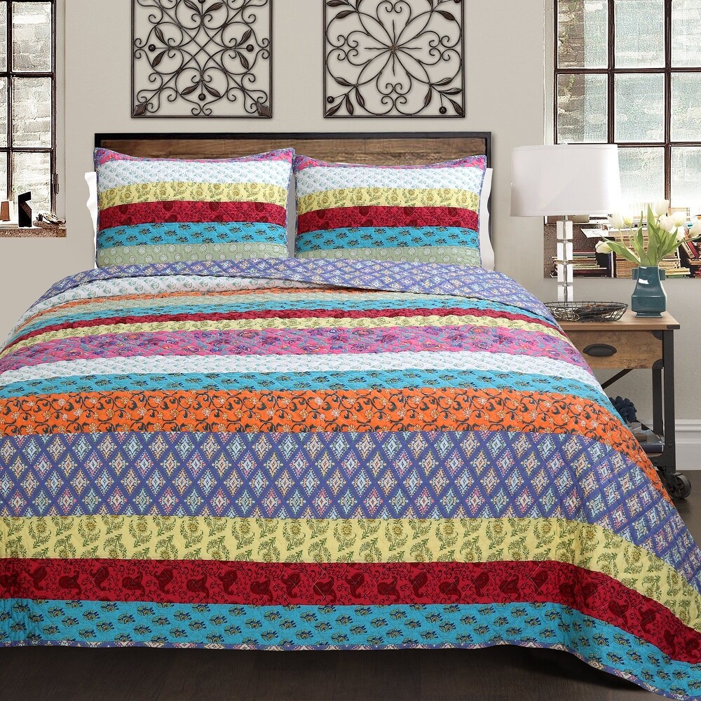 Cozy Line Kozlowski 3 Piece Rainbow Stripe Reversible Cotton Quilt Bedding Set