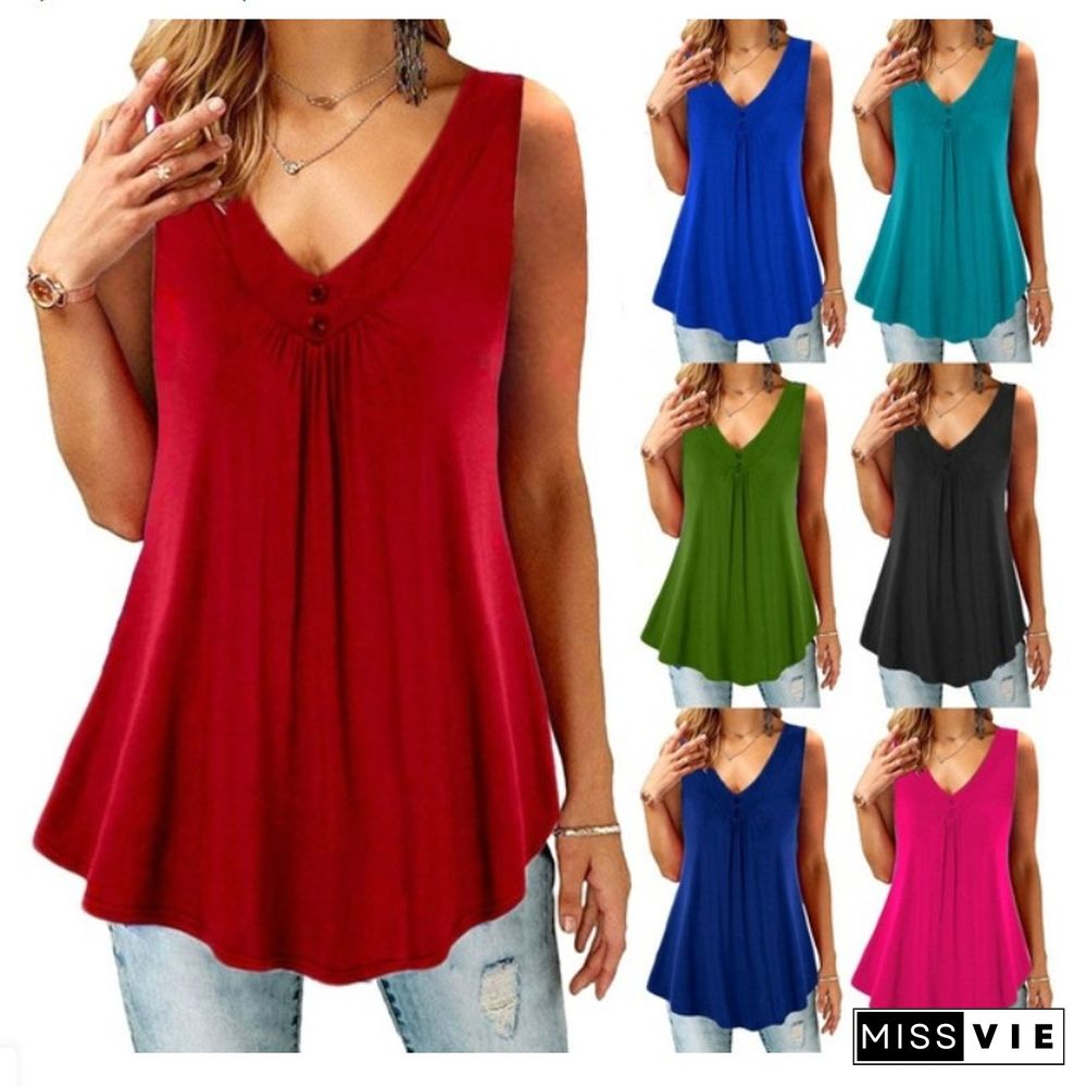 Summer Women's Solid V-Neck Pleated Button Sleeveless Loose Tank Top Ladies Casual Blouses Female Sexy Clothing Home Street Wear