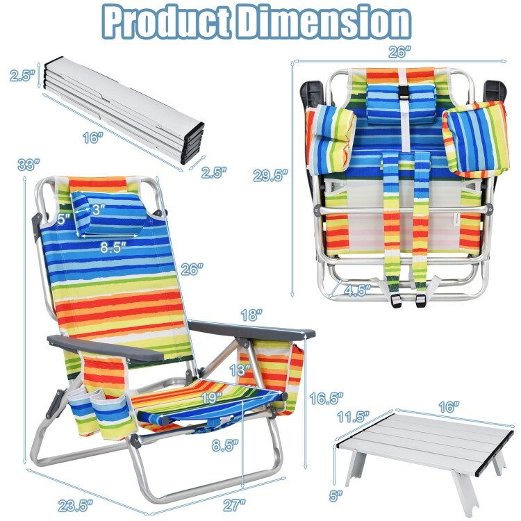 2 Packs 5 Position Outdoor Folding Backpack Beach Table Chair Reclining Chair Set   23.5\