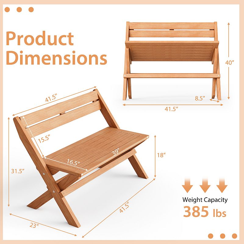 2-person Teak Wood Folding Outdoor Benches With Slatted Seat