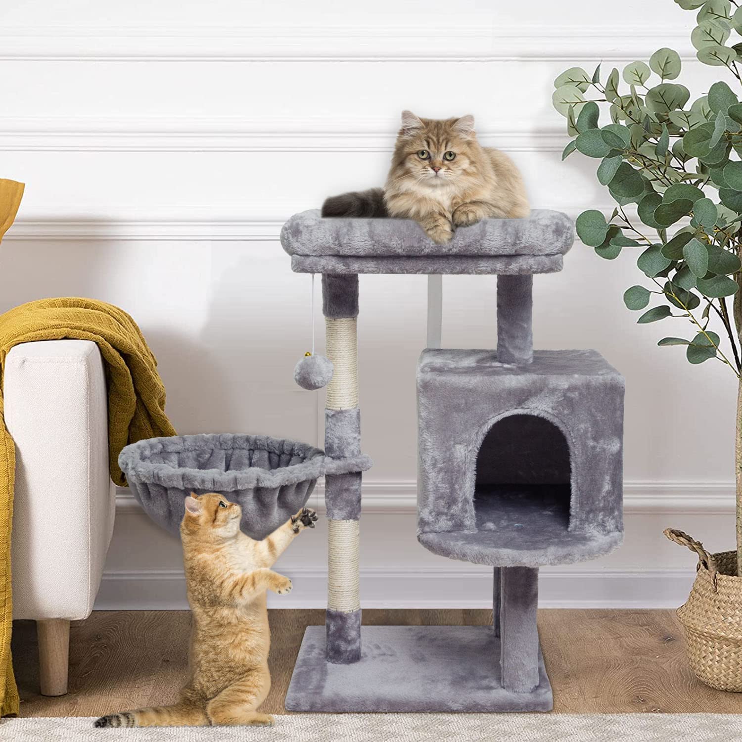 Small Cat Tree for Indoor Cats, Activity Cat Tower, Condo with Scratching Post for Kittens, Climbing Stand with Basket & Hanging Ball for Play Rest (Grey)