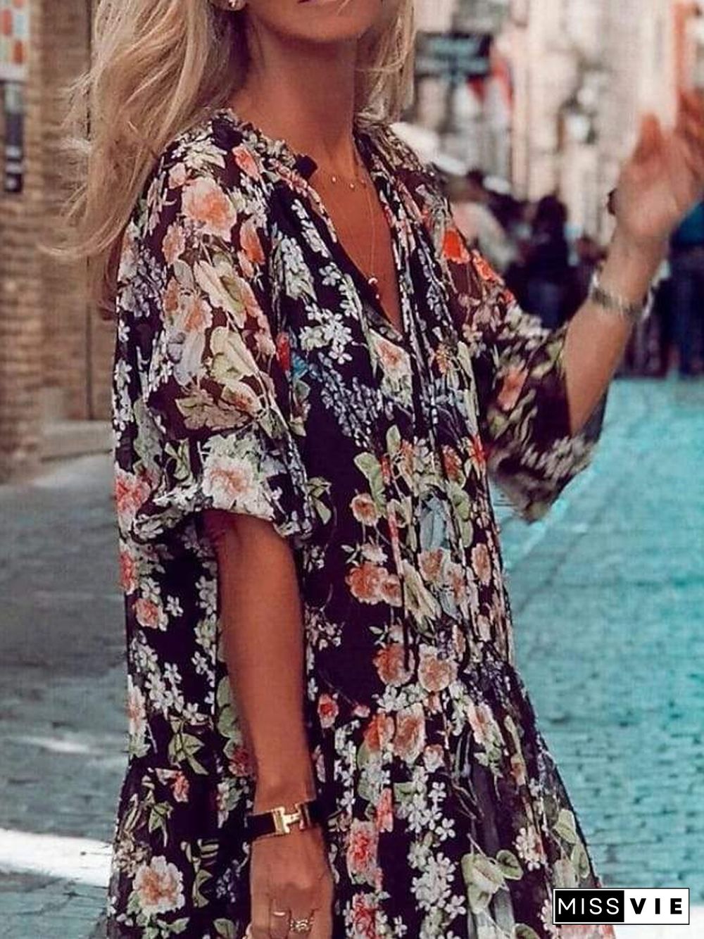 Women's Loose Midi Dress Half Sleeve Floral / Botanical Spring Summer V Neck Vacation Boho Holiday Loose  S M L XL XXL