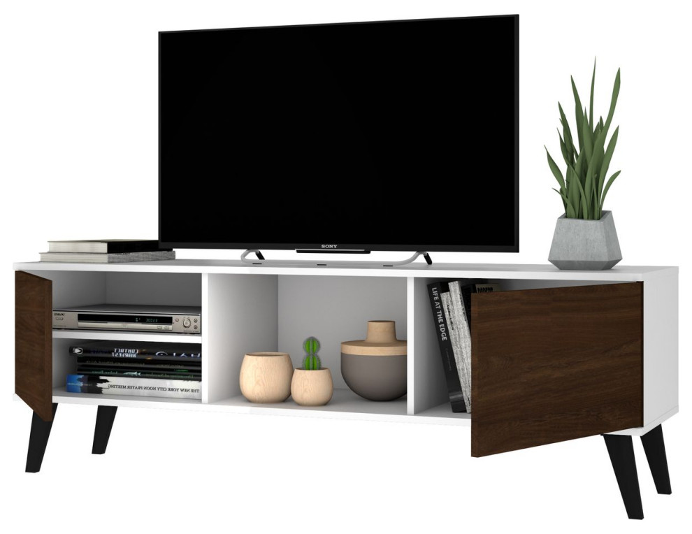 Doyers 62 quotTV Stand  White and Nut Brown   Midcentury   Media Storage   by Morning Design Group  Inc  Houzz