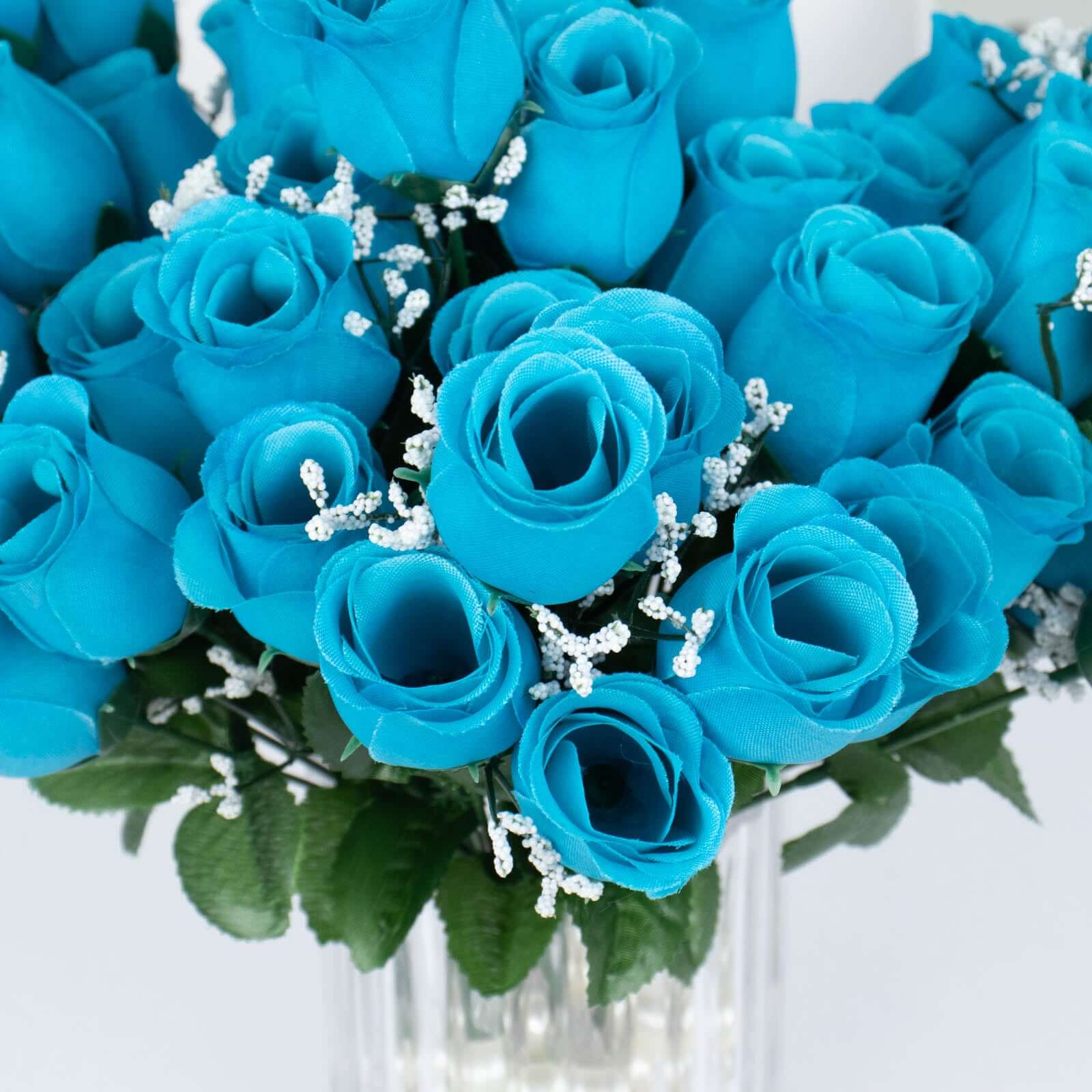 12 Bushes Turquoise Artificial Premium Silk Flower Rose Bud Bouquets